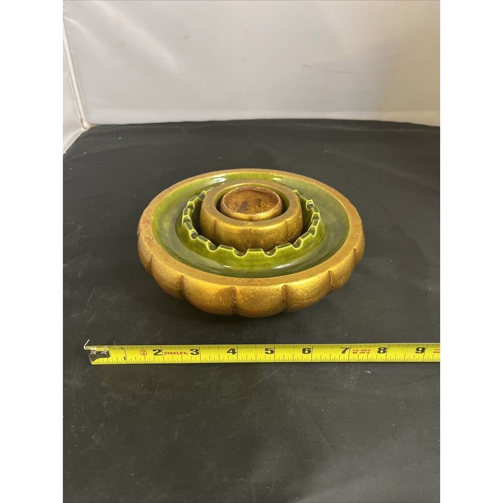 Vtg Freeman McCarlin Anthony USA Stacking Ashtray Set Gold Regency Avocado #273